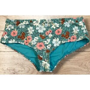 TIME AND TRU Women's Mid-Rise Cheeky Swim Bottoms - Size L (12-14) - Teal Floral